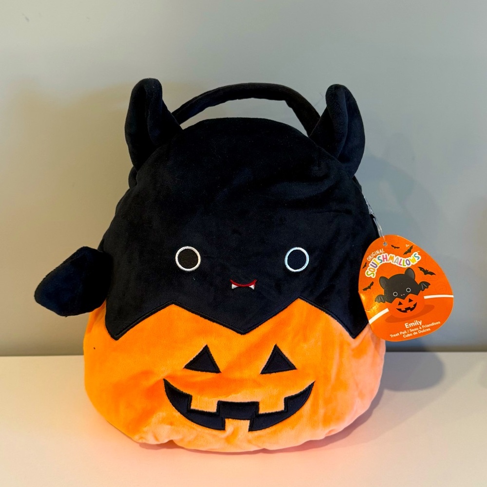 Emily Squishmallow Halloween Bat pumpkin pail basket - Orange and Black